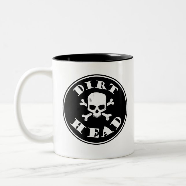 Dirt Head, Black Text with Skull Two-Tone Coffee Mug (Left)