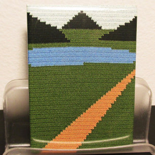 Dirt Road Grass Lake Hills Artisan Crochet Print   Magnet