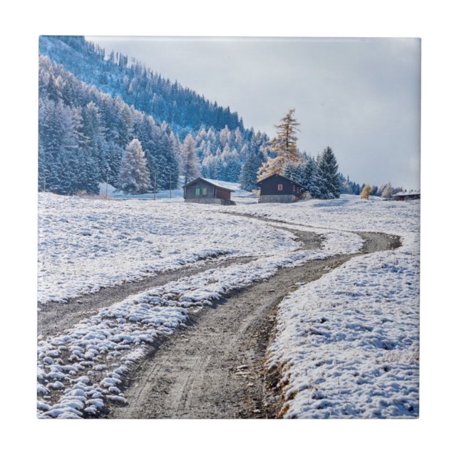 Dirt Road in the Snow Ground, European Alps Tile (Front)
