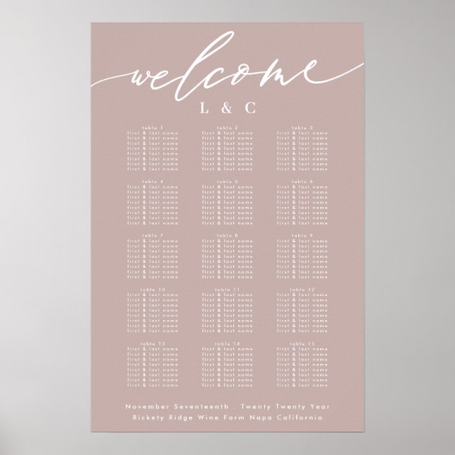 Dirty Pink Taupe Calligraphy Welcome Seating Chart (Front)