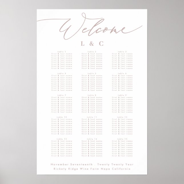 Dirty Pink Taupe Wedding Welcome Seating Chart (Front)