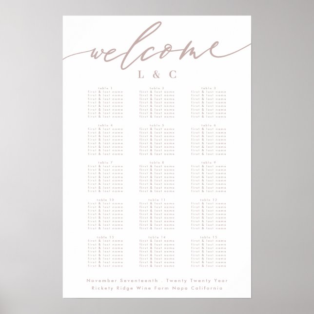 Dirty Pink Taupe Wedding Welcome Seating Chart (Front)