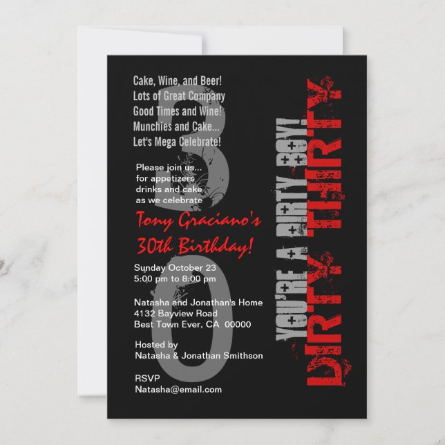 Dirty Thirty Birthday Black White Red Dirty Boy Invitation (Front)