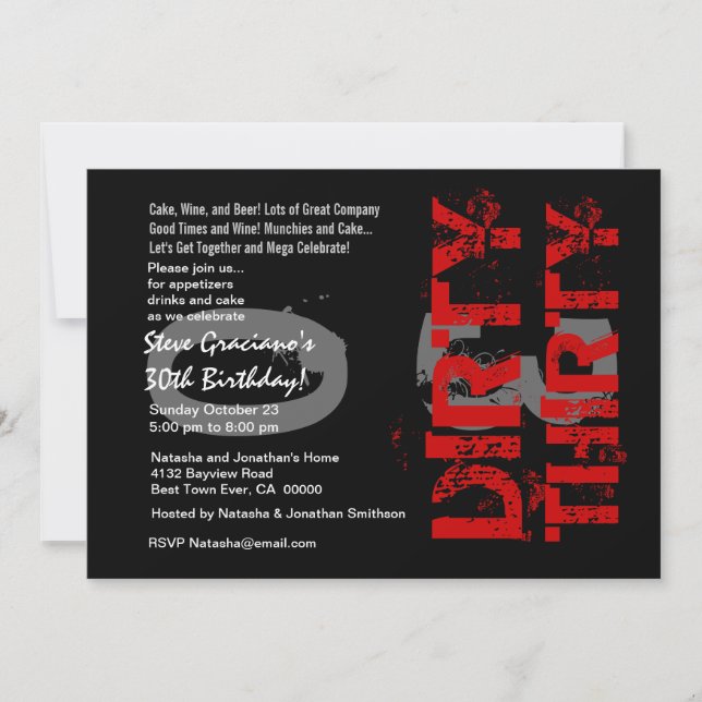 Dirty Thirty Birthday Party Black  Red Metallic Invitation (Front)