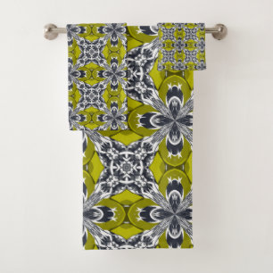 Dirty Yellow Grey and White Repeat Tile Pattern Bath Towel Set