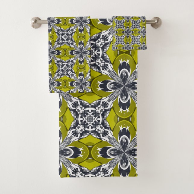 Dirty Yellow Grey and White Repeat Tile Pattern Bath Towel Set (Insitu)