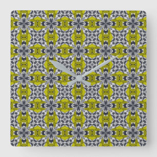 Dirty Yellow Grey and White Repeat Tile Pattern Square Wall Clock