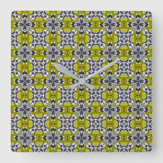 Dirty Yellow Grey and White Repeat Tile Pattern Square Wall Clock (Front)