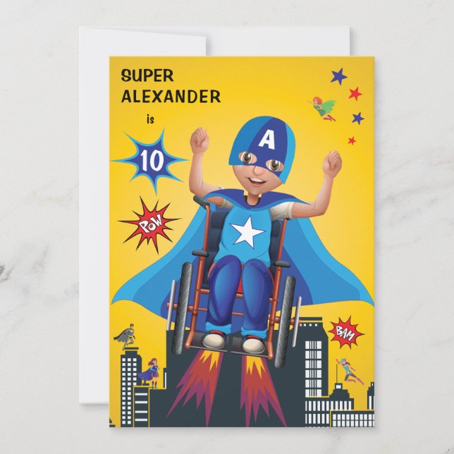 Disabled Fun Birthday Flying Superhero Wheelchair  Invitation (Front)