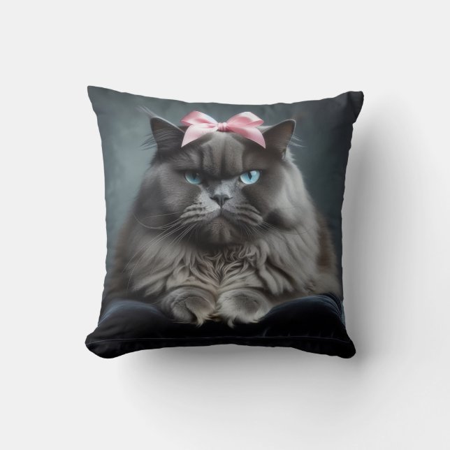 Disapproving Cat: Fluffy Grey Cat with Pink Bow. Cushion (Front)
