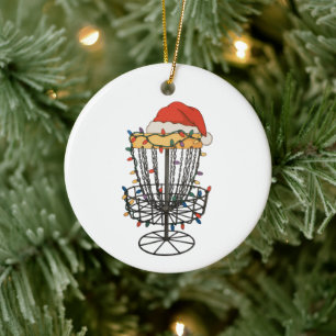Disc Golf Basket Santa Hat Christmas Lights Xmas Ceramic Tree Decoration