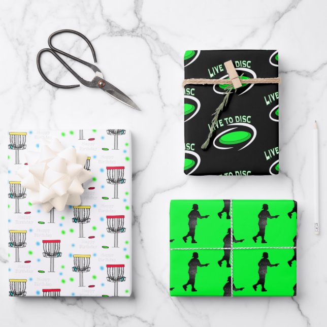 Disc Golf Black, Lime Green and White Birthday Wrapping Paper Sheet (Front)