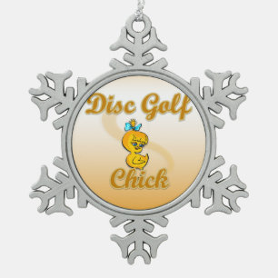 Disc Golf Chick  Snowflake Pewter Christmas Ornament