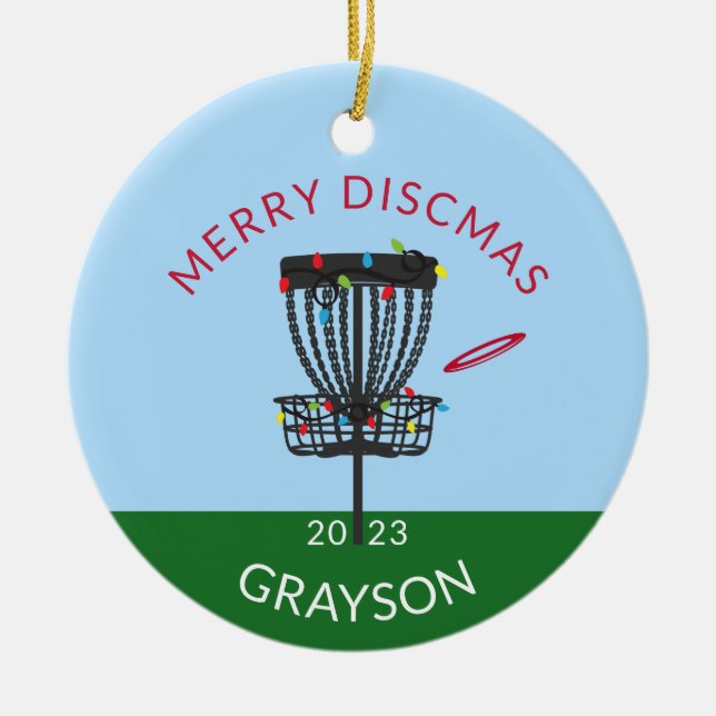 Disc Golf Merry Discmas Christmas Ceramic Ornament (Front)
