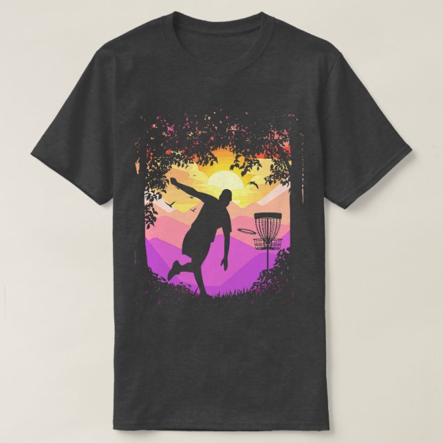 Disc Golf Pixel Sunset Tree Framed Disc Golfer Art T-Shirt (Design Front)