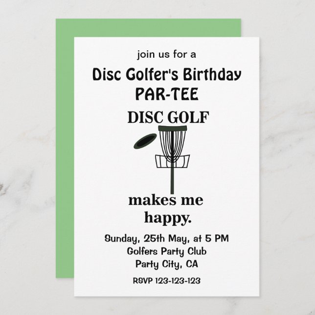 Disc Golf Player Golfers Birthday Disc Golf Invitation (Front/Back)