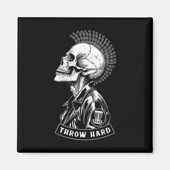 Disc Golf Player Punk Rock Skull Mohawk Throw Hard Magnet (Front)