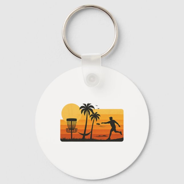 Disc Golf Tropical Sunset Palm Trees Beach Graphic Key Ring (Front)