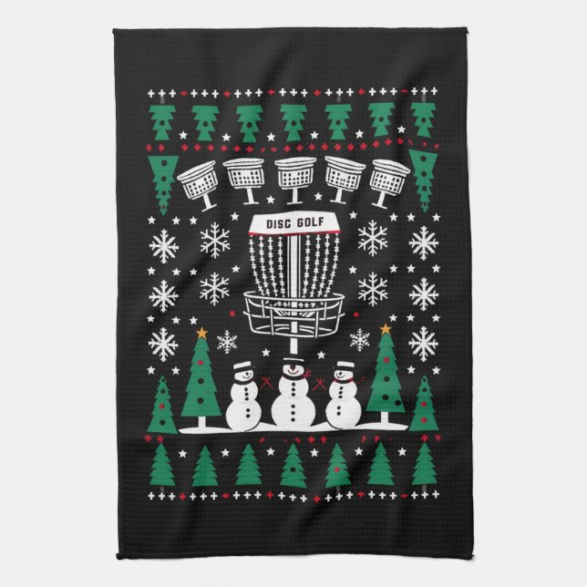 Disc Golf Ugly Christmas Sweater Pajama Gifts Tea Towel (Vertical)