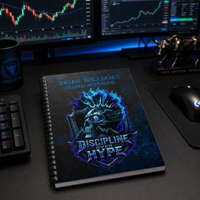 Discipline Over Hype Blue Grunge Bitcoin  Notebook (Personalized Trader Notebook – Discipline Over Hype Crypto Trading Illustration)