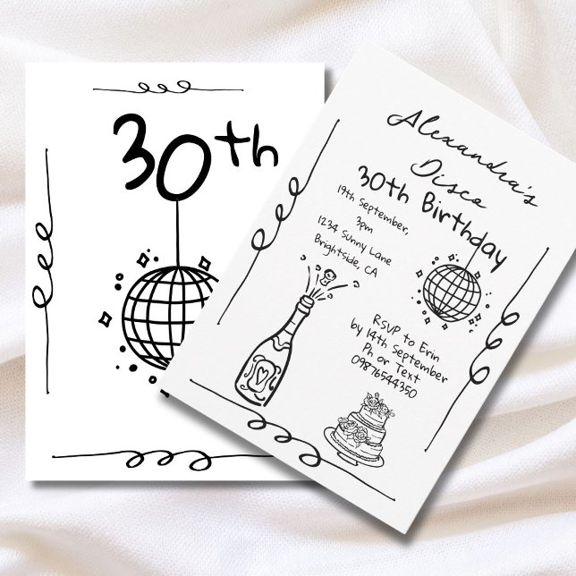 Disco 30th Birthday Hand Drawn Whimsical Invitation (Creator Uploaded)