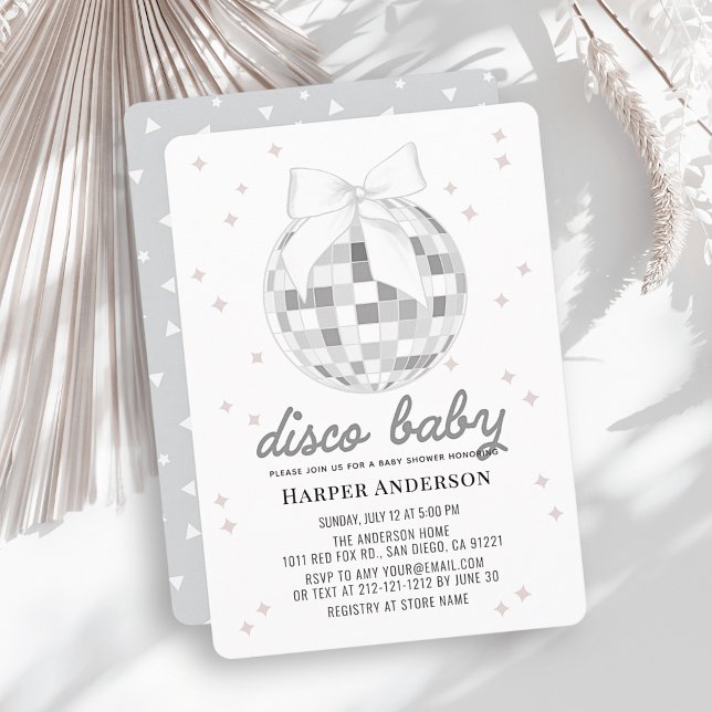 Disco Baby Silver Disco Ball Bow Baby Shower Invitation (Creator Uploaded)