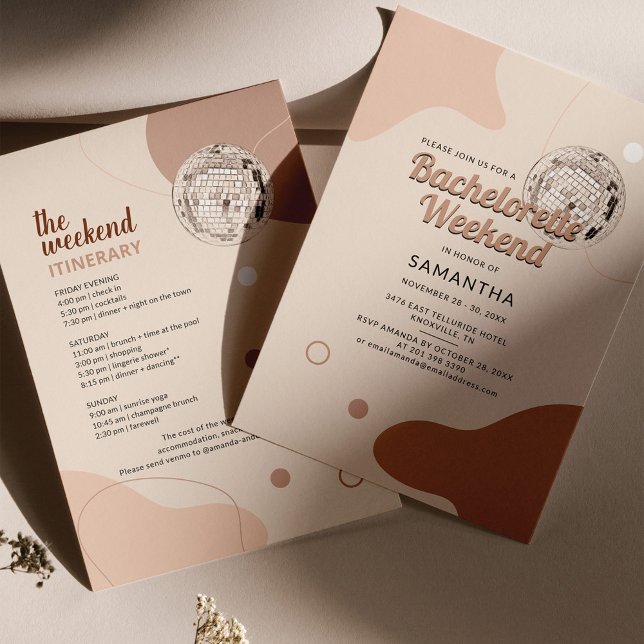 Disco Bachelorette Weekend Party with Itinerary Invitation (Front and Back of Bachelorette Weekend Invitation)