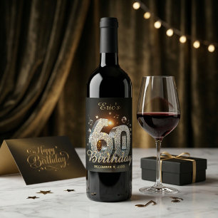 Disco Ball 60th Birthday Music Notes Black Gold Wine Label