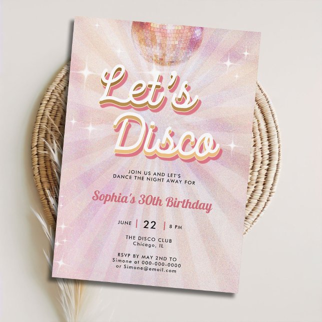 Disco Ball 70s Dance Party Retro 30th Birthday Invitation (groovy disco 70s dance party 30th birthday invitation girls blush pink vintage retro sparkle glitter)