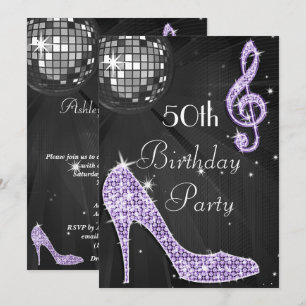 Disco Ball and Heels Black & Lilac 50th Birthday Invitation