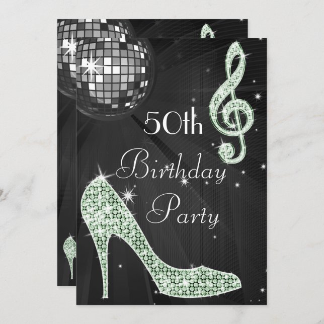Disco Ball and Heels Black & Mint 50th Birthday Invitation (Front/Back)