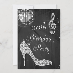 Disco Ball and Heels Black & Silver 20th Birthday Invitation