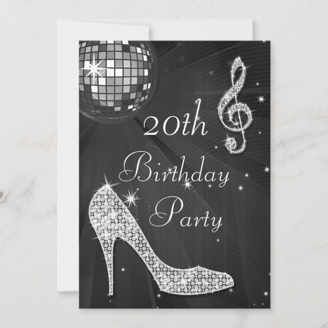 Disco Ball and Heels Black & Silver 20th Birthday Invitation (Front)