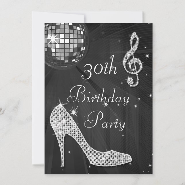 Disco Ball and Heels Black & Silver 30th Birthday Invitation (Front)