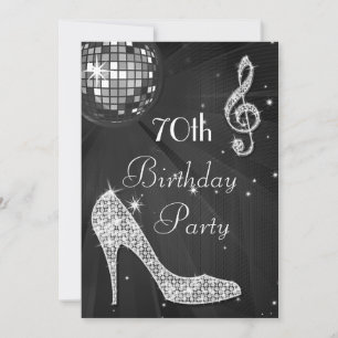 Disco Ball and Heels Black & Silver 70th Birthday Invitation
