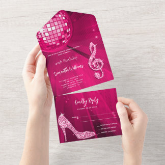 Disco Ball and Heels Pink Birthday All In One Invitation