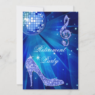 Disco Ball and Sparkle Heels Blue Retirement Invitation