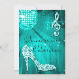 Disco Ball and Sparkle Heels Teal Quinceañera Invitation