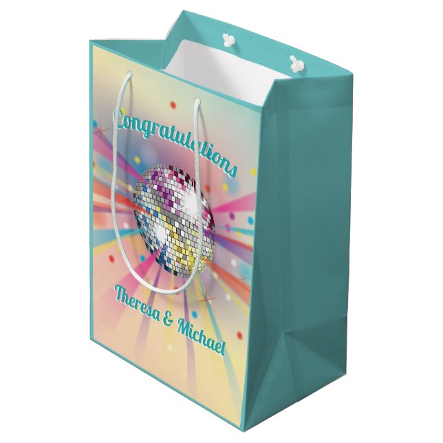 Disco Ball Baby Shower Groovy Pastel Rainbow Medium Gift Bag (Back Angled)