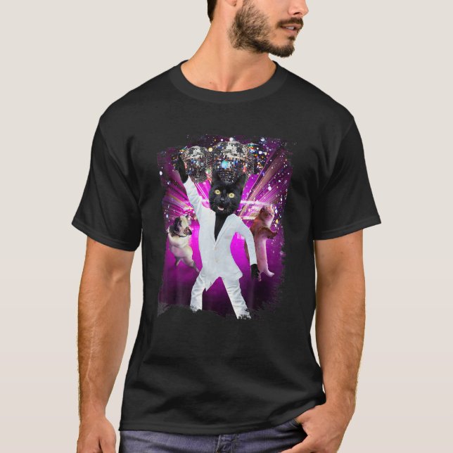 Disco Ball Black Cat Dancing T-Shirt (Front)