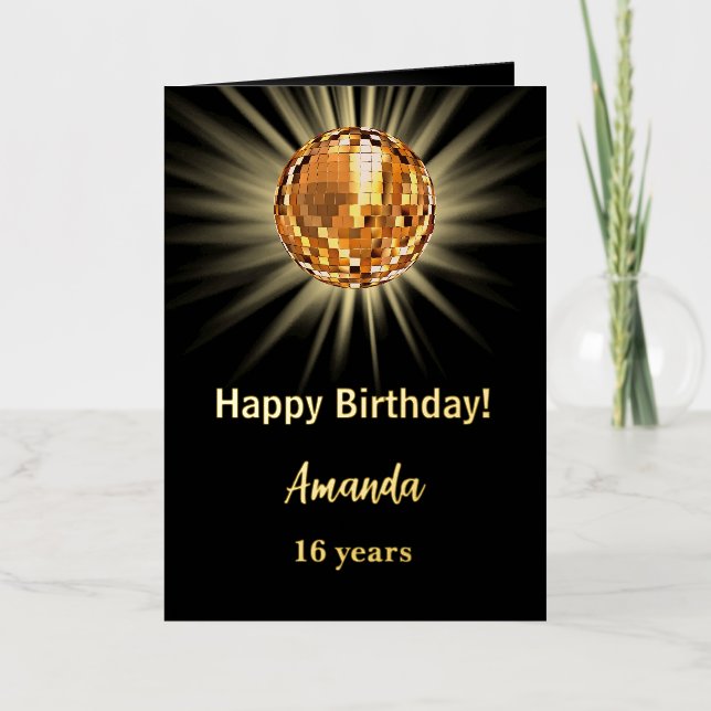 Disco ball black gold photo happy birthday foil greeting card (Front)