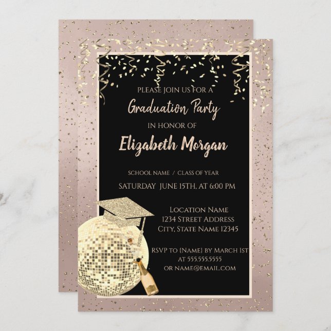Disco Ball Confetti, Wine Rose Gold Graduation Invitation (Front/Back)