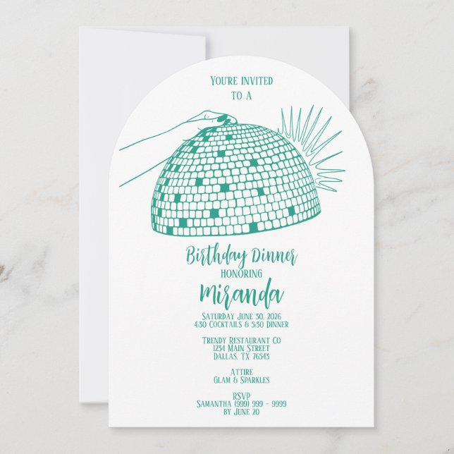 Disco Ball Dinner Invitation Teal (Front)