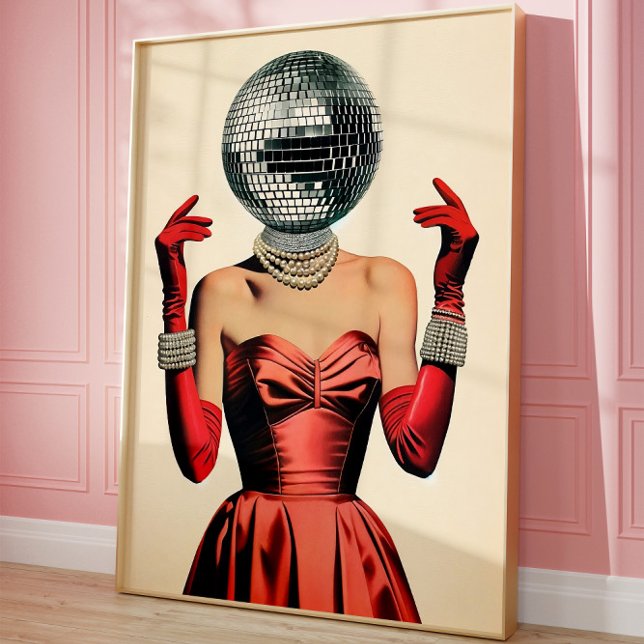 Disco Ball Head Woman Wall Art, Glam Retro Party Poster (Disco ball art)