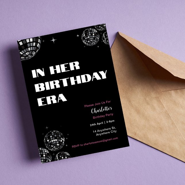 Disco Ball In Her Birthday Era Welcome Sign Invitation (In Her Birthday Era Birthday Party Invitation in Black and Pink)