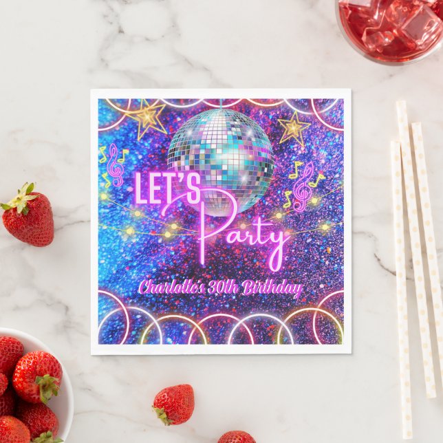 Disco Ball Let's Party Neon Pink Glow Girl Party Napkin (Insitu)