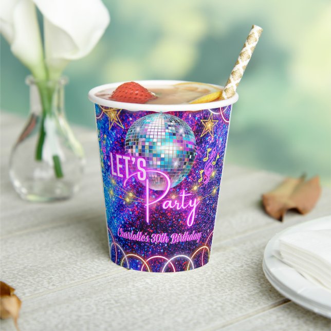Disco Ball Let's Party Neon Pink Glow Girl Party Paper Cups (Insitu)