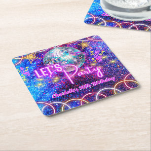 Disco Ball Let's Party Neon Pink Glow Girl Party Square Paper Coaster