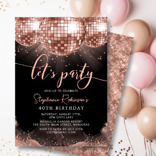 Disco Ball Modern Rose Gold 40th Birthday Party  Invitation