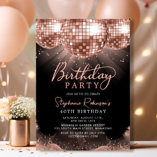 Disco Ball Modern Rose Gold 40th Birthday Party  Invitation